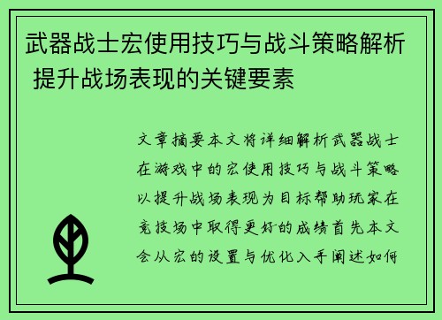 武器战士宏使用技巧与战斗策略解析 提升战场表现的关键要素